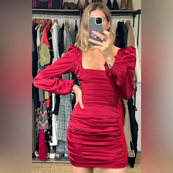 Oh Polly Red Ruched Puff Sleeve Square Neck Satin Effect Holiday Mini Dress - Picture 13 of 13